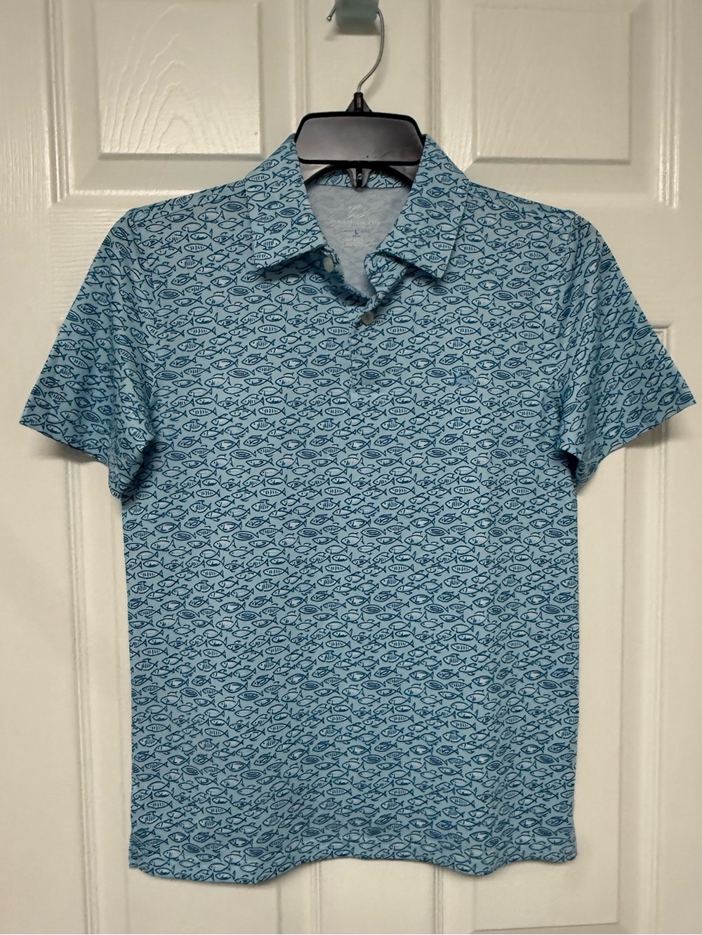 Boys Southern Tide Light Blue Polo with Navy Fish Pattern Large 12/14